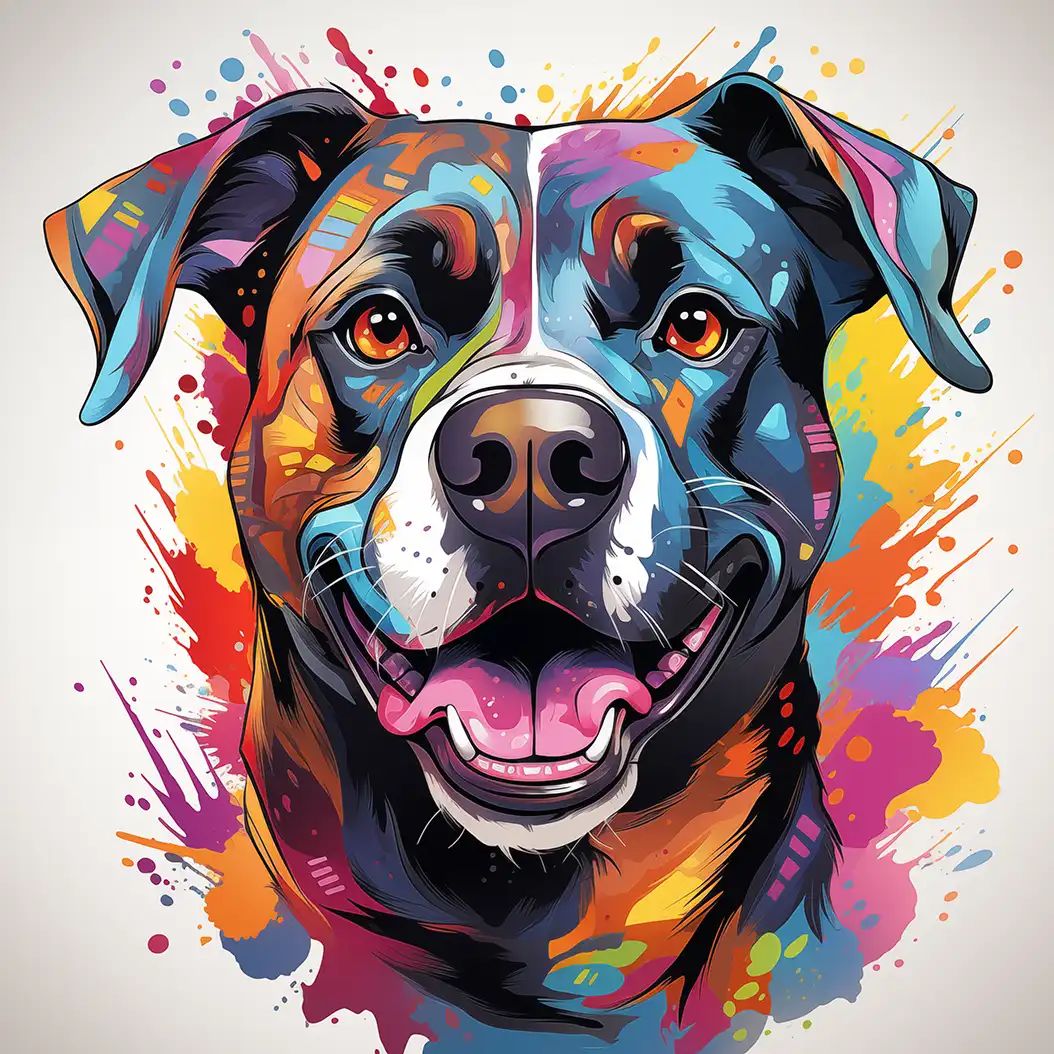 Digital illustration of a dog's face with an open smiling mouth, rendered in bright multicolour paint splatter style against a white background.