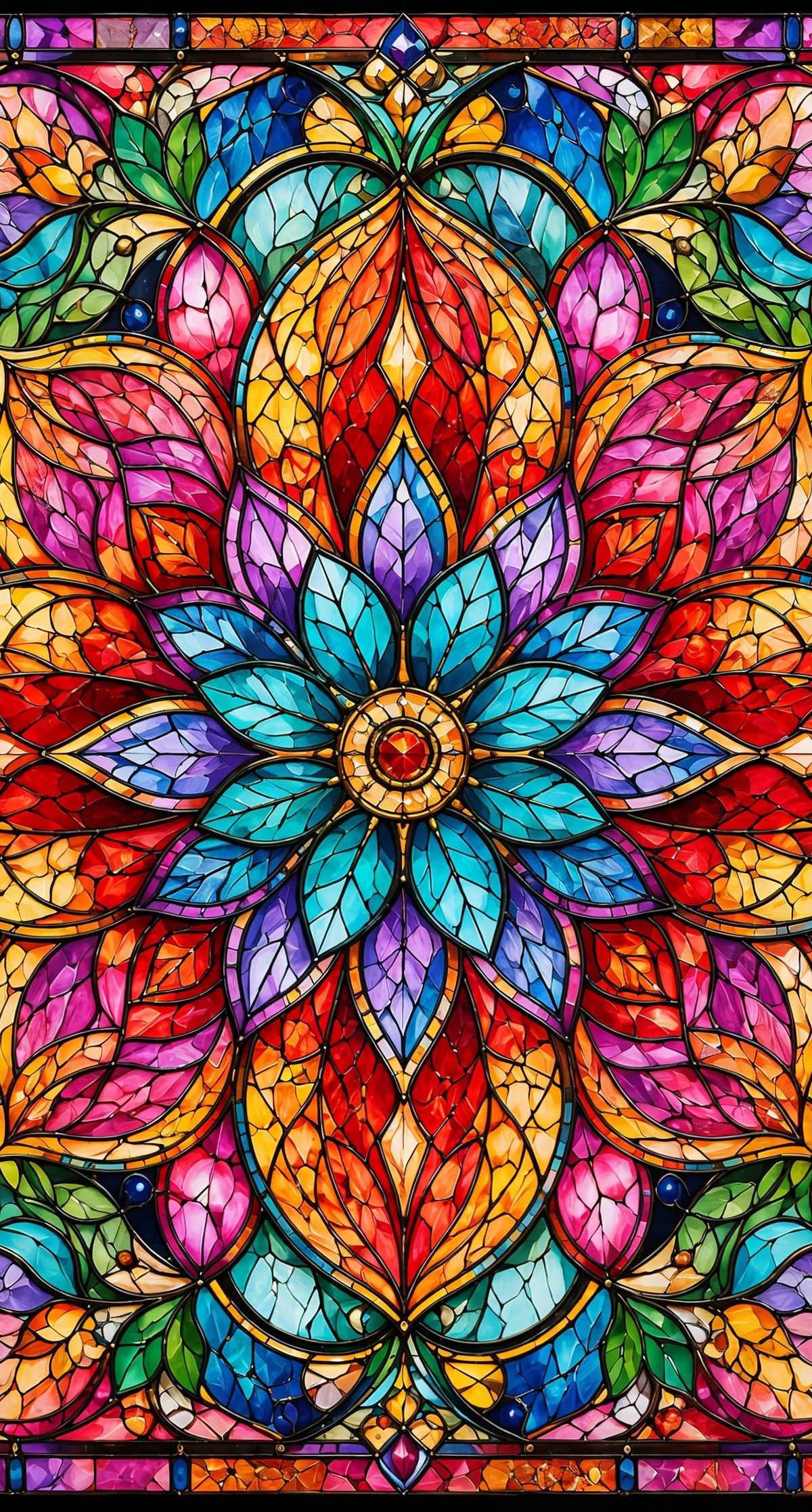 Intricate stained glass artwork featuring a central mandala flower surrounded by symmetrical blooms and ornamental borders in vivid colors including red, blue, gold, purple, and cyan.