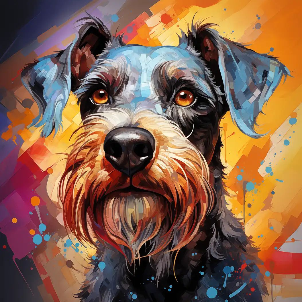 Colorful digital painting of a schnauzer dog's face with wiry gray and rust fur against an abstract orange and blue splattered background.
