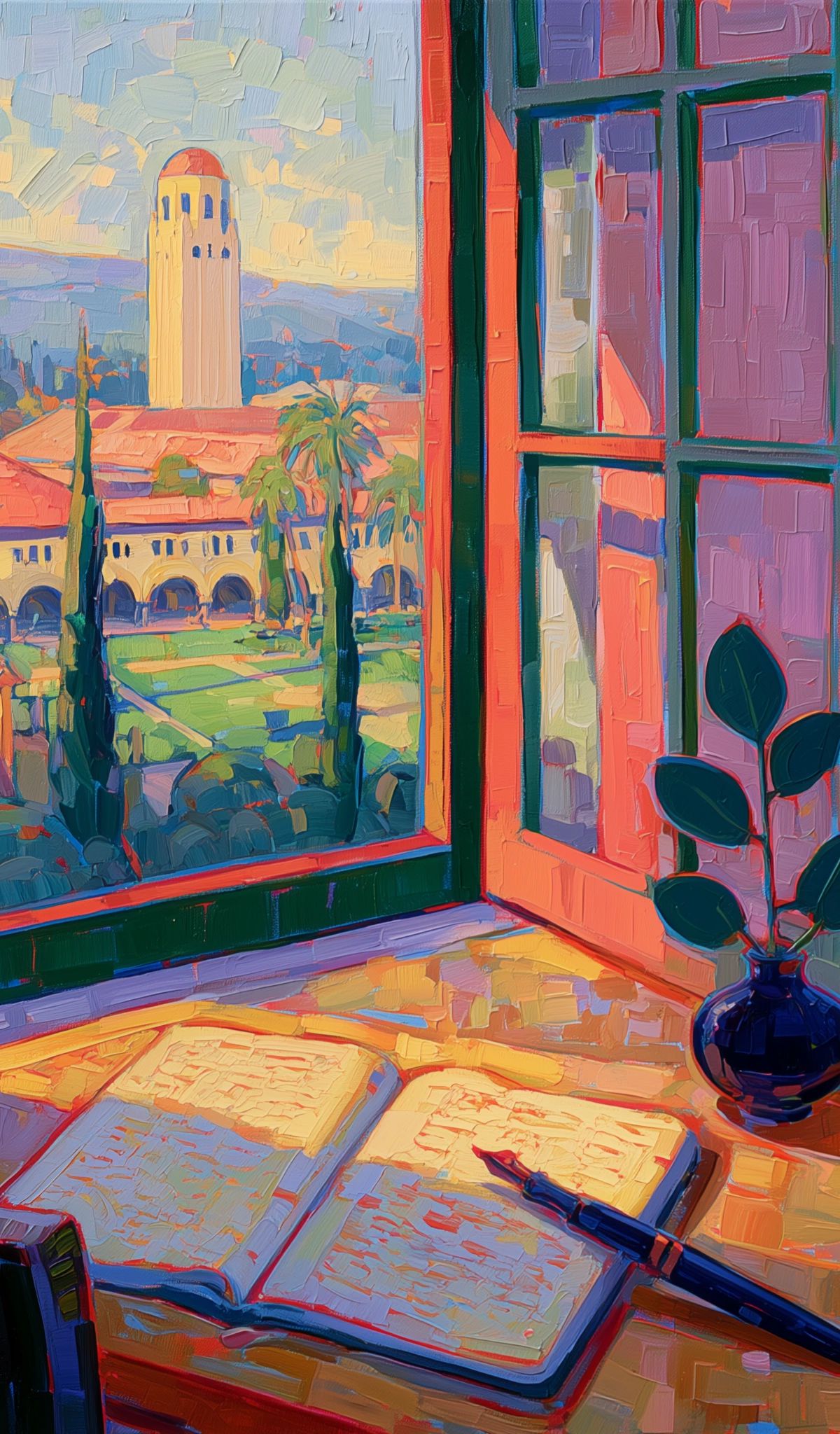 Interior room with open windows framing a distant university tower with red dome, surrounded by cypress trees and campus buildings, with books and a plant on the windowsill