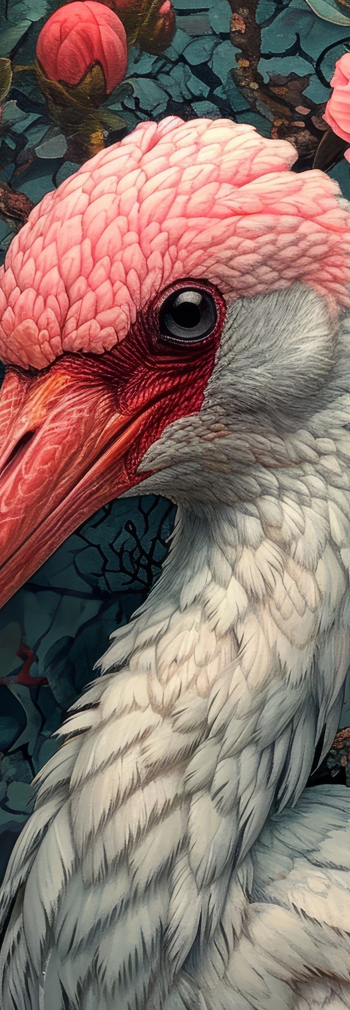 A white stork with pink-red head and beak surrounded by coral pink peonies and teal foliage