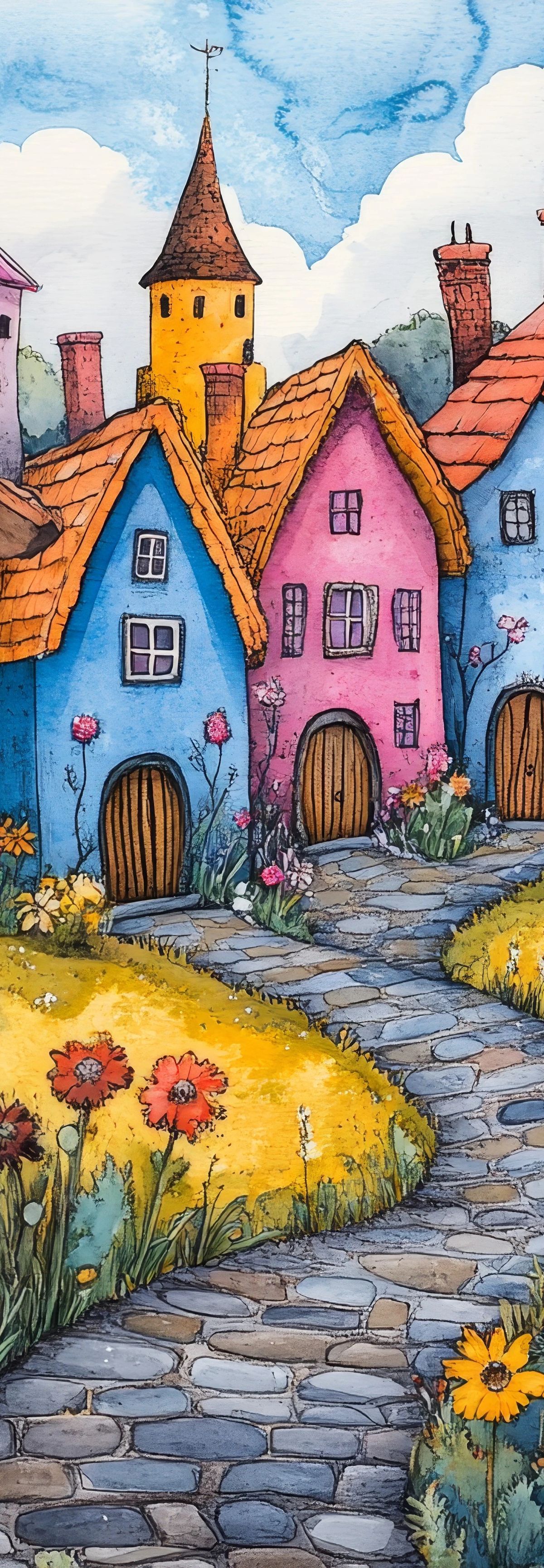 Watercolor illustration of a cluster of brightly colored cottages with distinctive towers and red-tile roofs, surrounded by vibrant pink, orange, and yellow flowers and green trees under a blue sky with white clouds