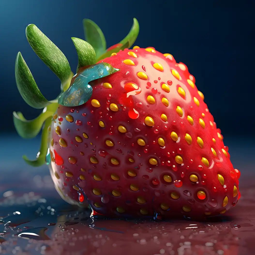 Hyper-detailed macro-style illustration of a ripe strawberry with glossy texture and vibrant colors.
