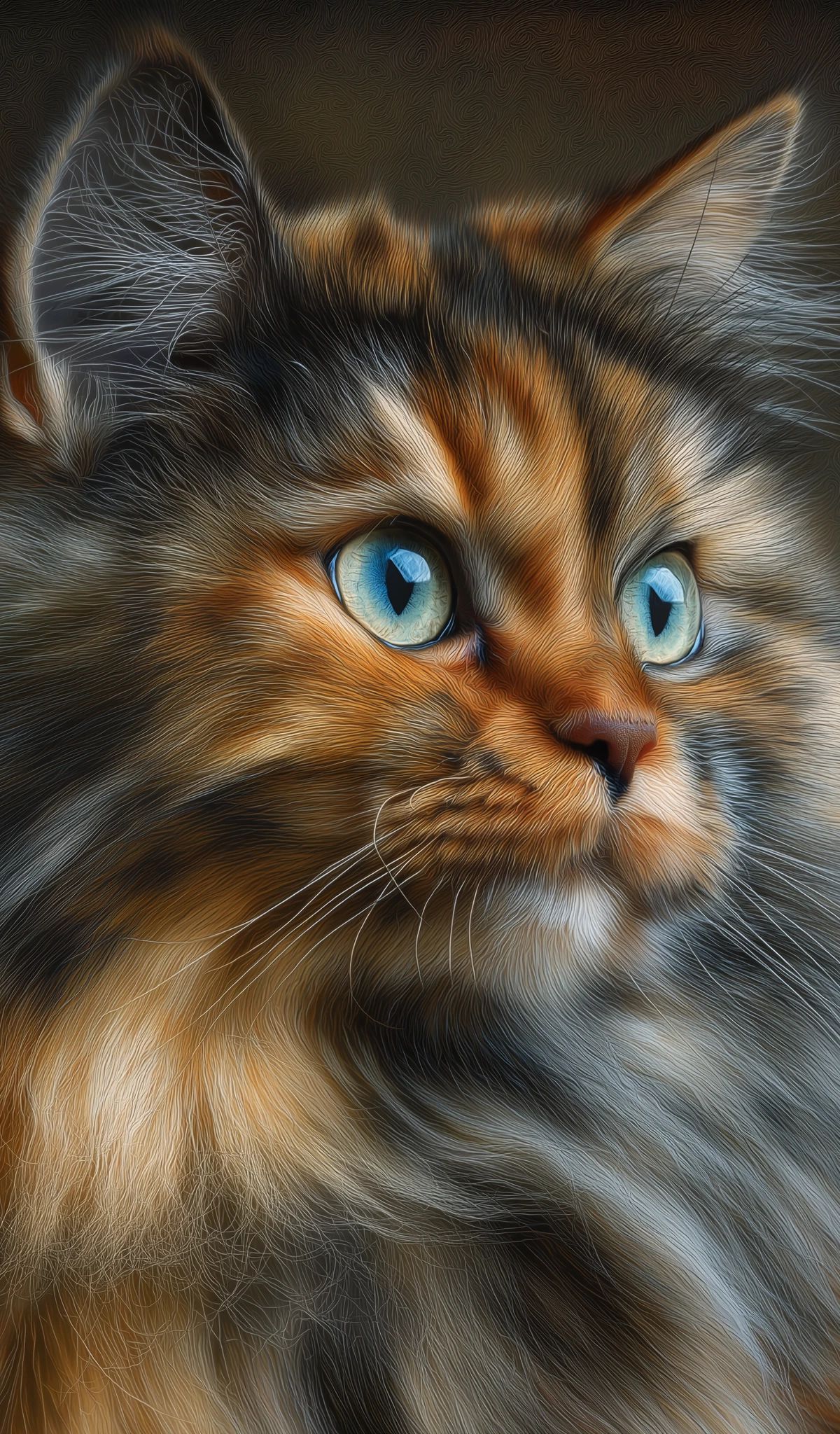 Digital portrait of a long-haired tabby and white cat with striking blue eyes and flowing fur against a warm neutral background