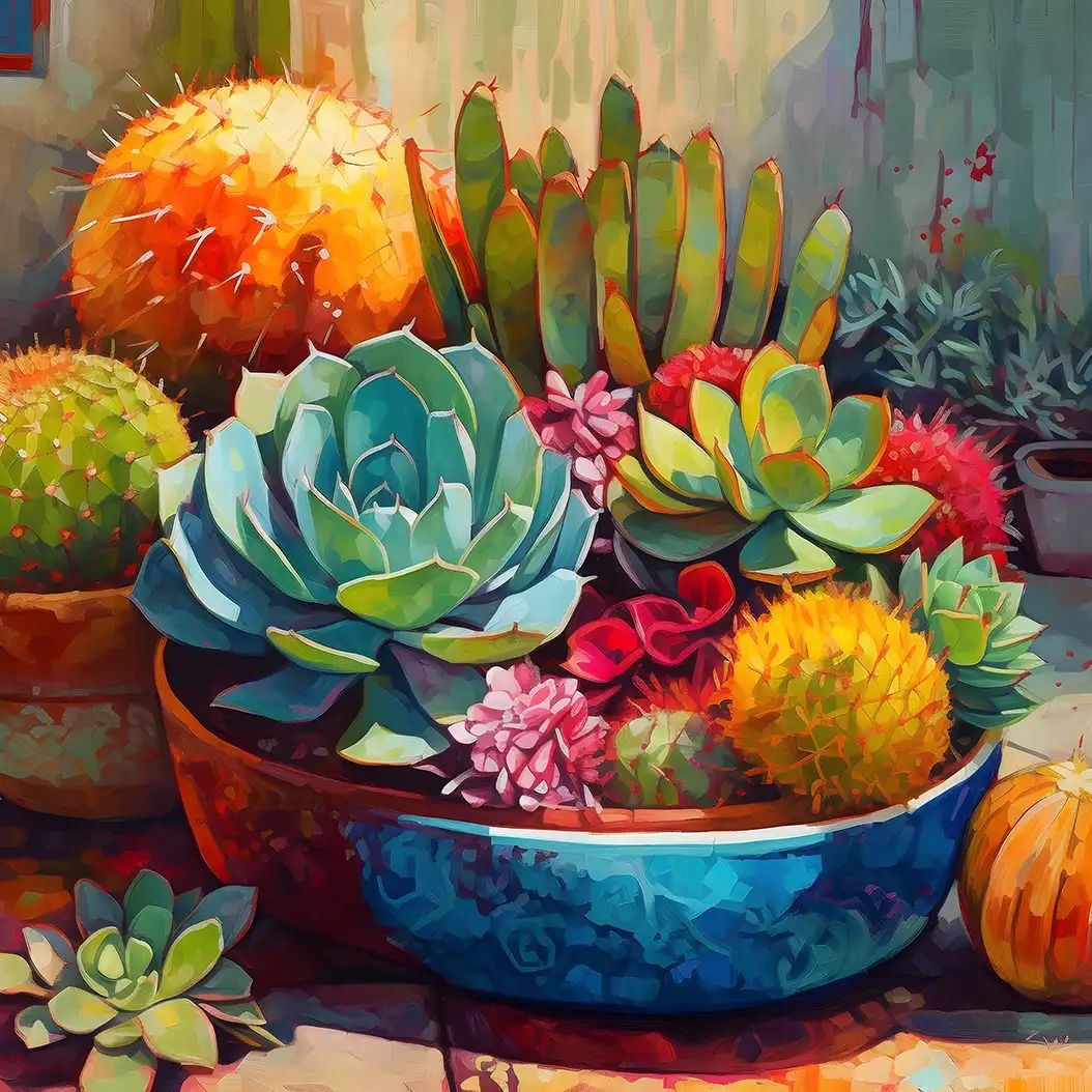 Painted illustration of a blue ceramic bowl filled with rosette succulents, prickly pear cactus pads, and round spiny cacti in orange, yellow, and green tones, surrounded by terracotta pots.