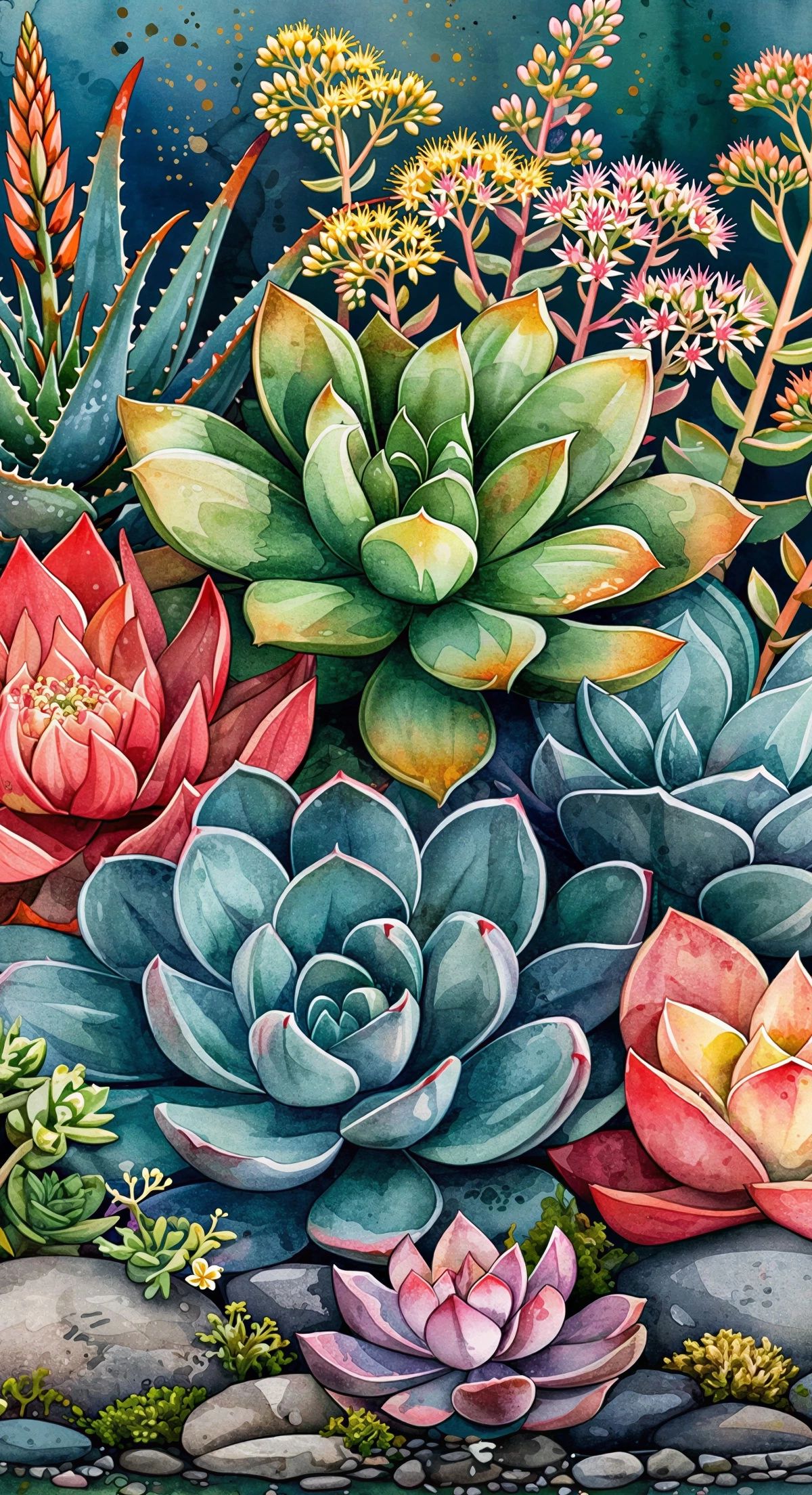 Watercolor illustration of multiple succulents and flowering plants with coral, pink, purple, and blue tones arranged on rocky ground against a deep teal background with gold splatters