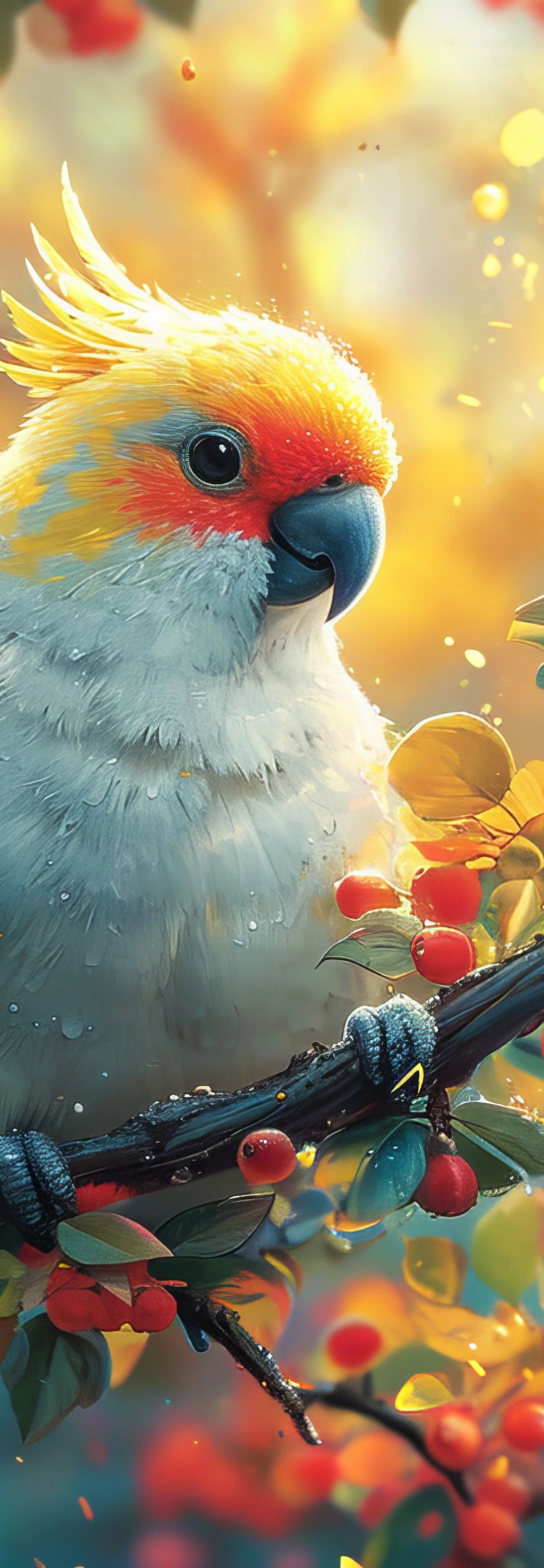 A white cockatoo with yellow crest and red facial markings sits on a branch surrounded by red rowan berries and golden bokeh lighting