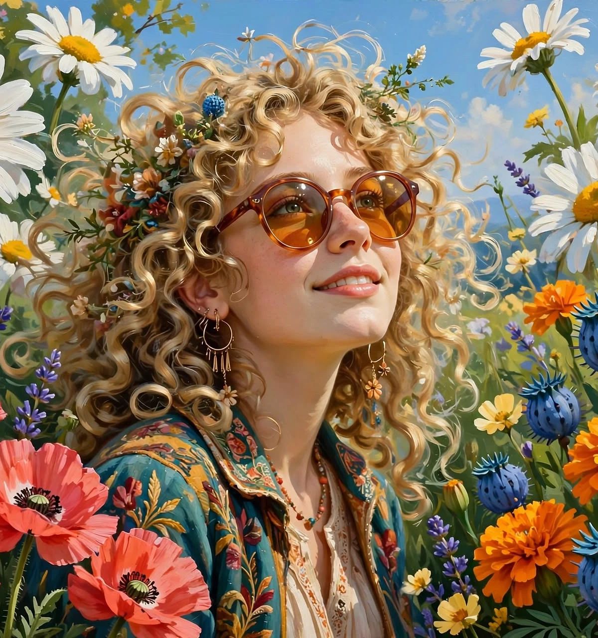 A smiling woman with curly blonde hair wearing amber-tinted round sunglasses stands among vibrant wildflowers including daisies, poppies, and cornflowers in a sunny garden