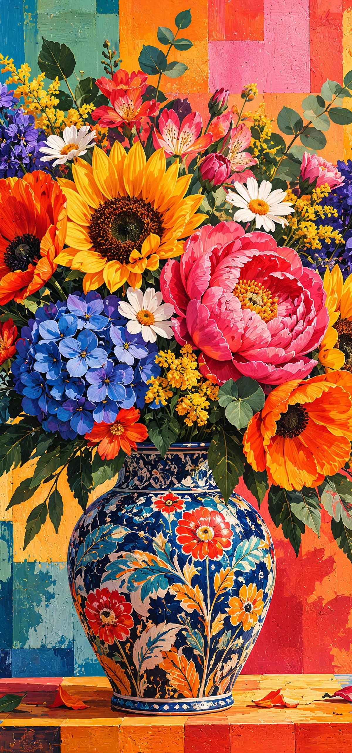 A vibrant still life painting of colorful flowers including sunflowers, peonies, daisies, and blue hydrangeas arranged in a decorative blue patterned vase, set against a colorful rainbow striped background.