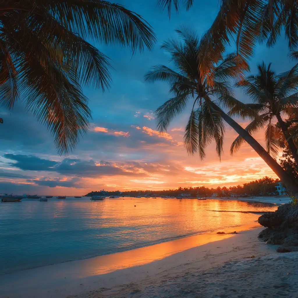 Palm trees silhouetted against an orange and blue sunset sky over a tropical beach with boats on calm water.