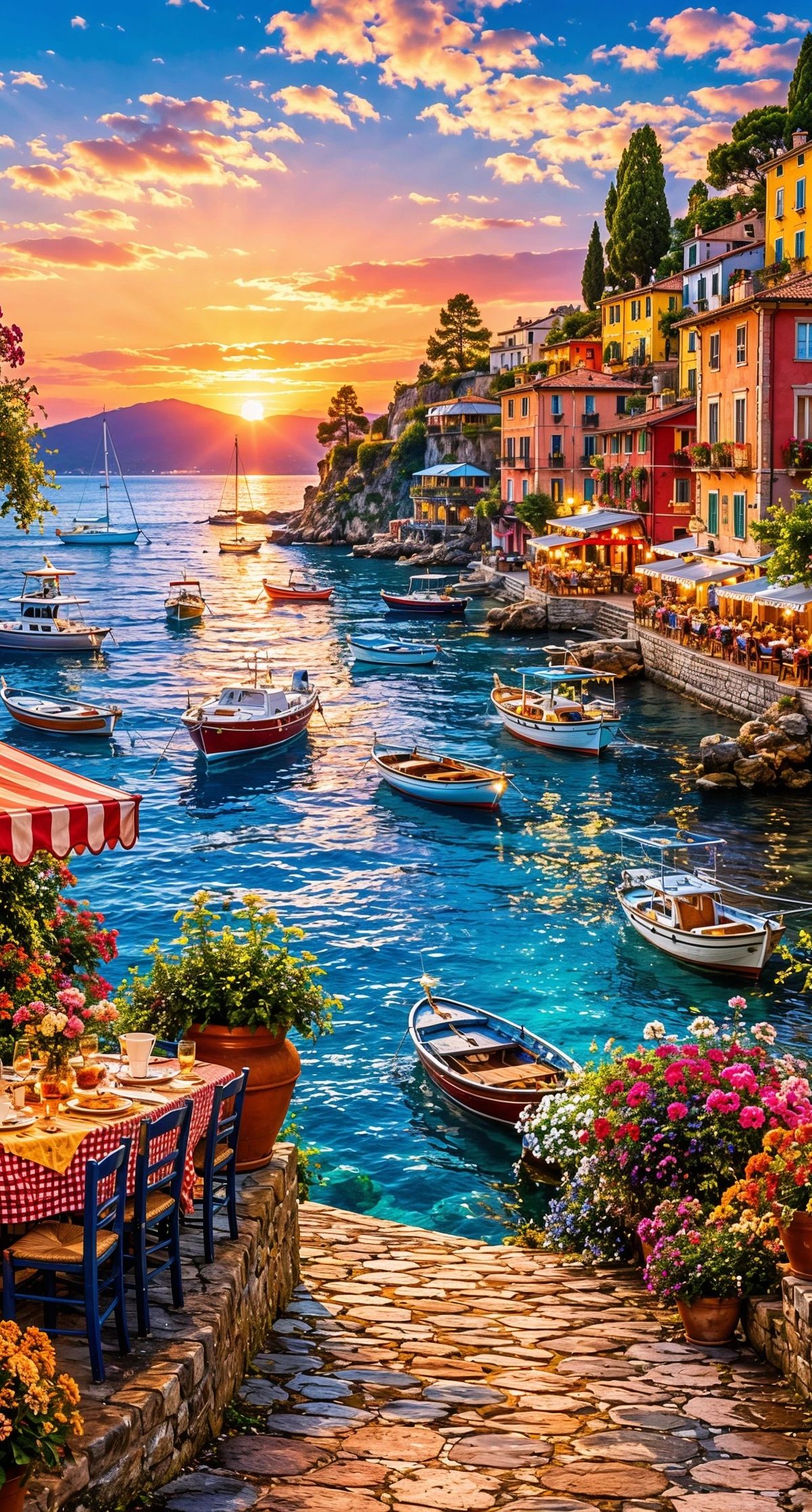 A stunning sunset view of a Mediterranean coastal village with colorful buildings, pink flowering vines, boats in a harbor, and a table set for dining on a terrace overlooking the water