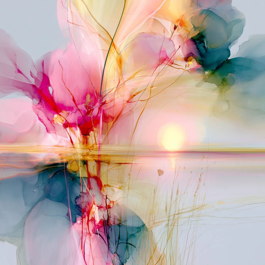 Abstract watercolor painting of a sunset reflected in calm water, with pink, yellow, teal, and magenta flowing colors creating a natural landscape