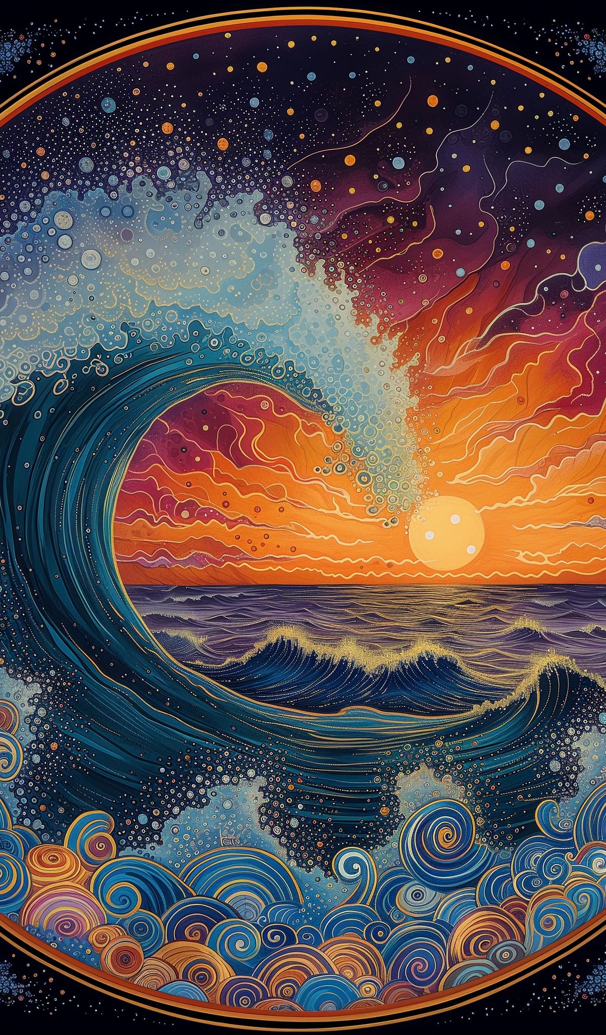 A circular artistic composition featuring a dramatic sunset over ocean waves with large spiral wave patterns, surrounded by intricate mandala-like decorative borders in blue, orange, and gold tones against a starry night sky.
