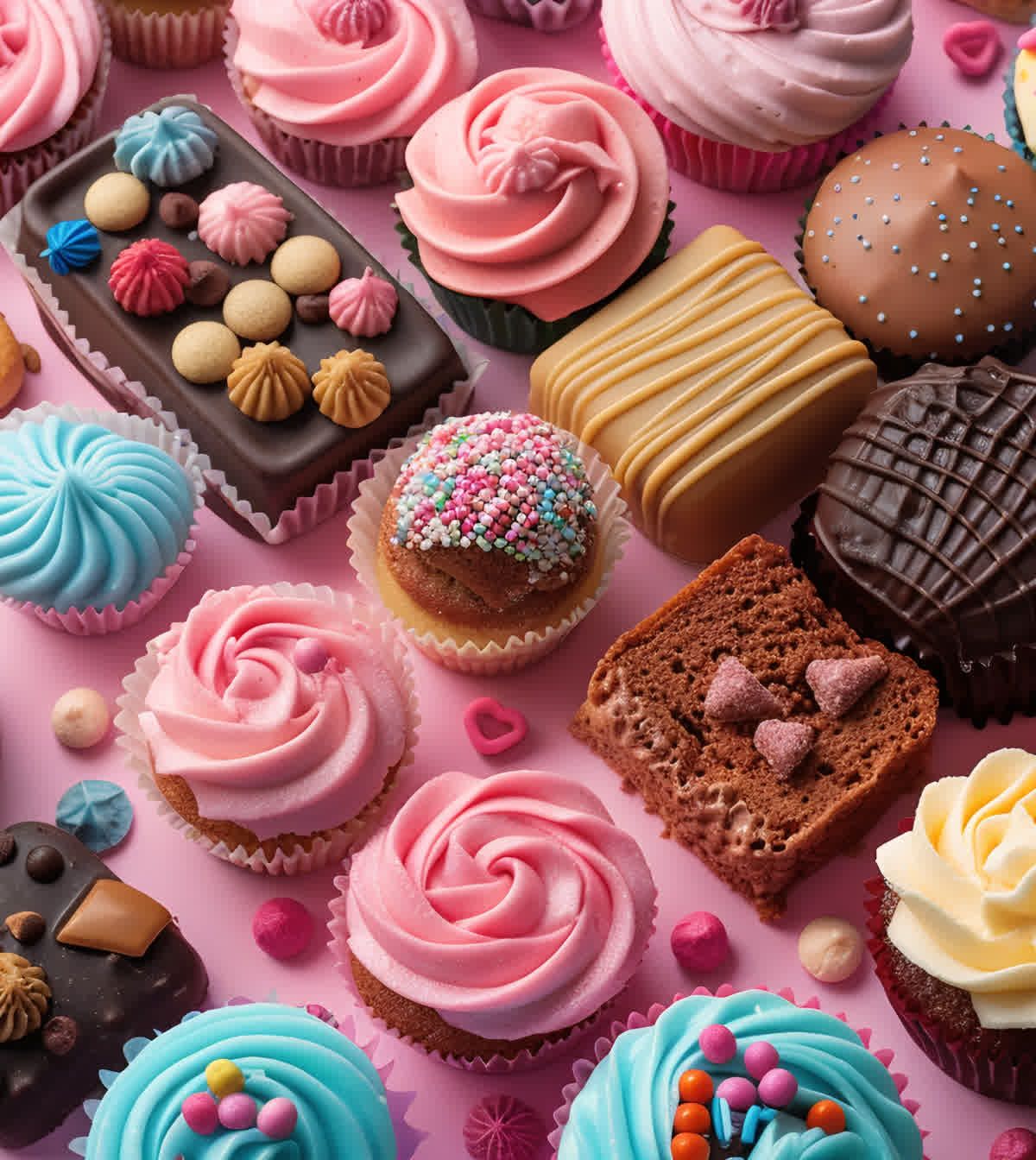 Overhead close-up of pink, blue and cream frosted cupcakes alongside decorated chocolate pieces on a pink background.
