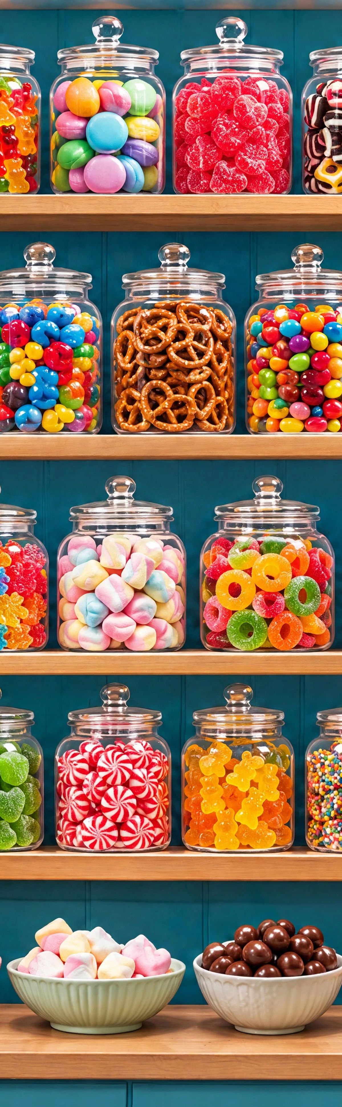 A four-shelf wooden display cabinet with a teal blue background filled with glass jars containing various candies, chocolates, and sweets in bright colors, with bowls of treats on the lower shelf and decorative wooden signs reading 'Life is Sweeter' and 'Good Vibes Only'