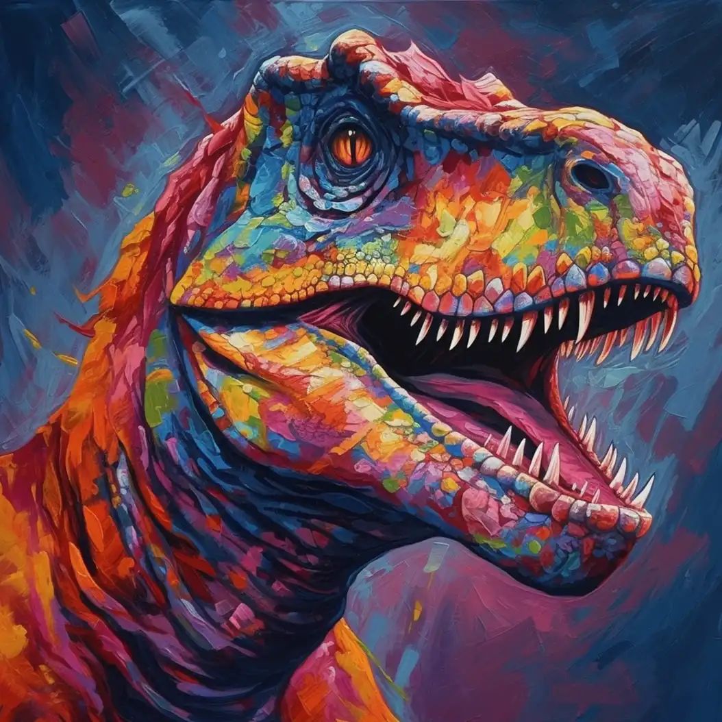 Vibrant pop-art style portrait of a colorful dinosaur with expressive details and abstract background.