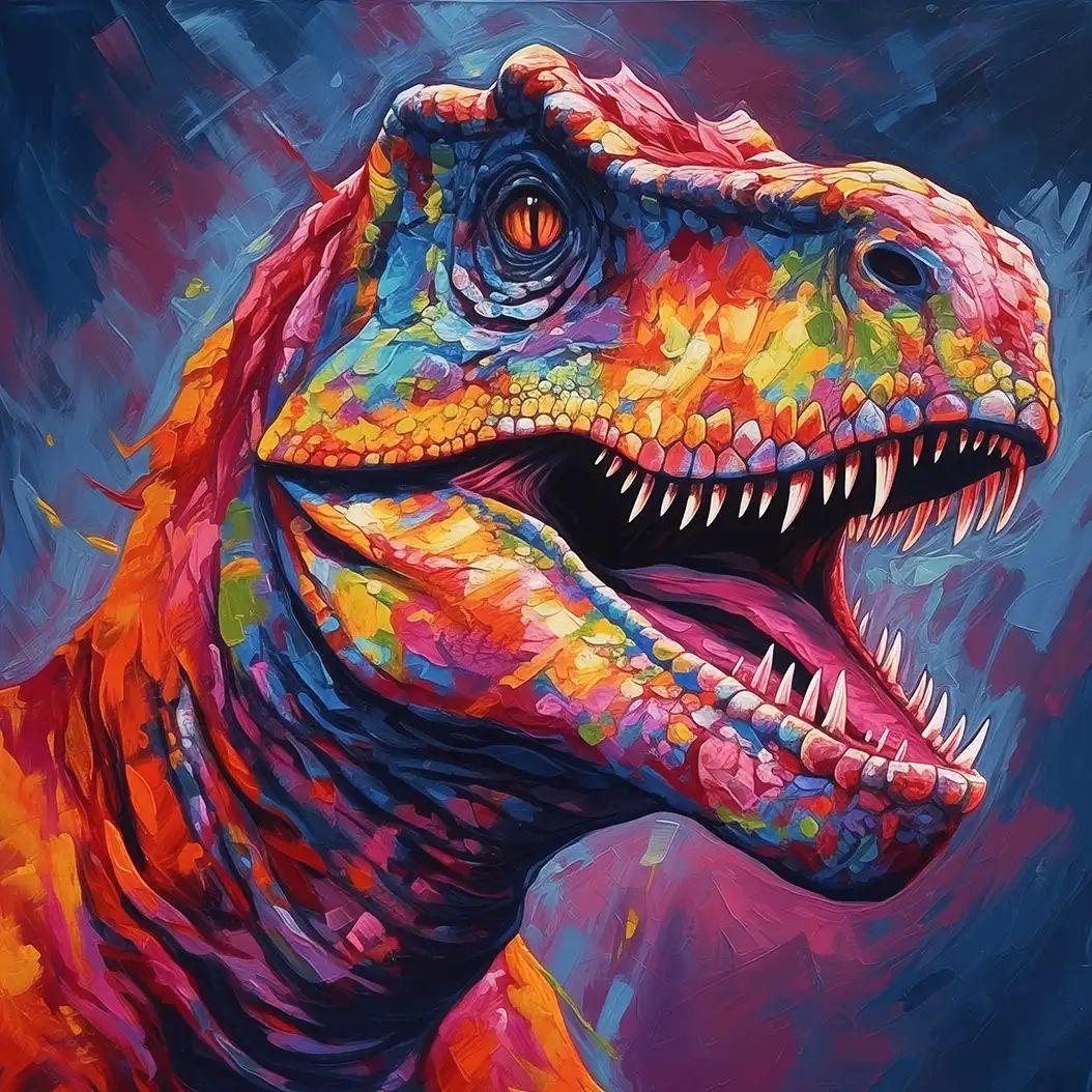 Colorful painted close-up of a roaring dinosaur head with open jaws, sharp teeth, and multicolored textured scales.