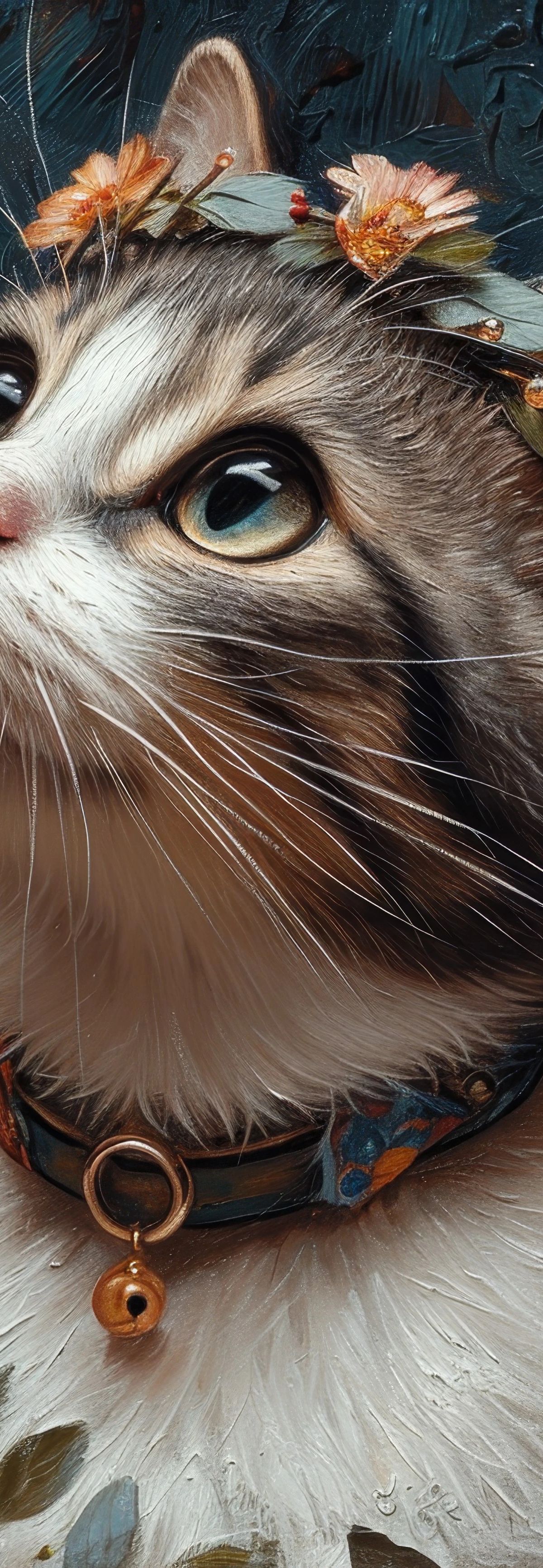 A tabby and white cat with green eyes looking upward, wearing a brown collar with a bell, surrounded by orange and pink flowers against a dark teal background with botanical elements