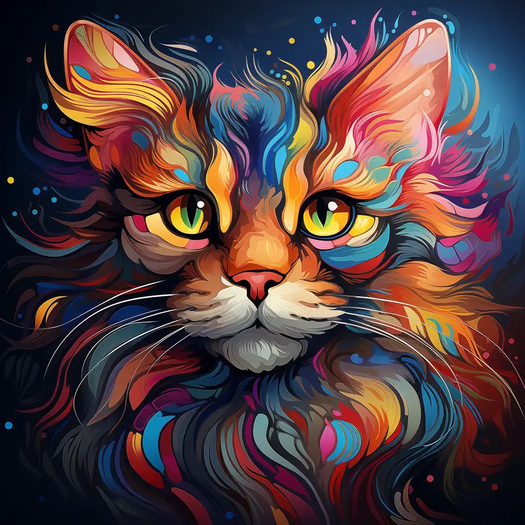 Colorful abstract digital illustration of a cat face with swirling multicolored fur and bright yellow-green eyes on a dark background.