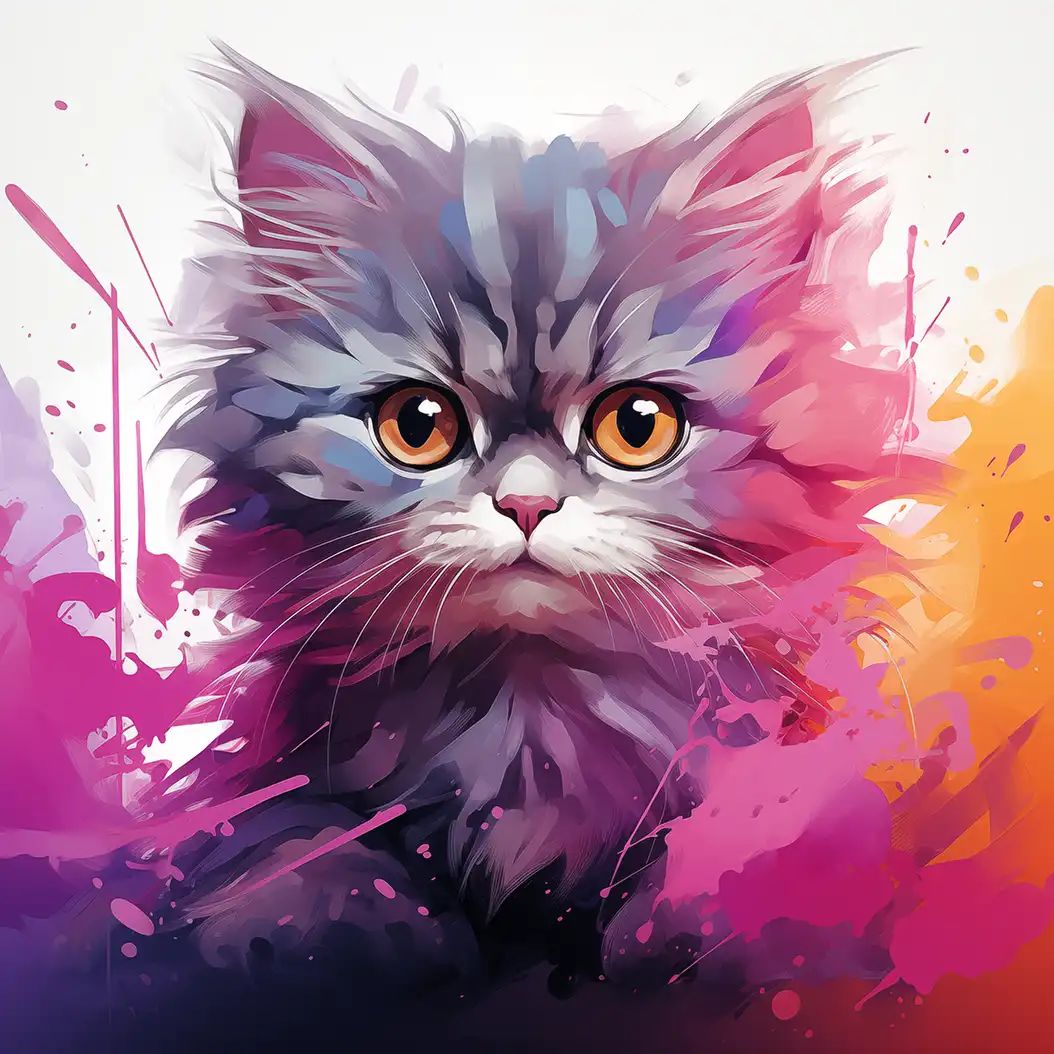 Illustrated grey kitten with amber eyes surrounded by magenta, pink and orange paint splatters.