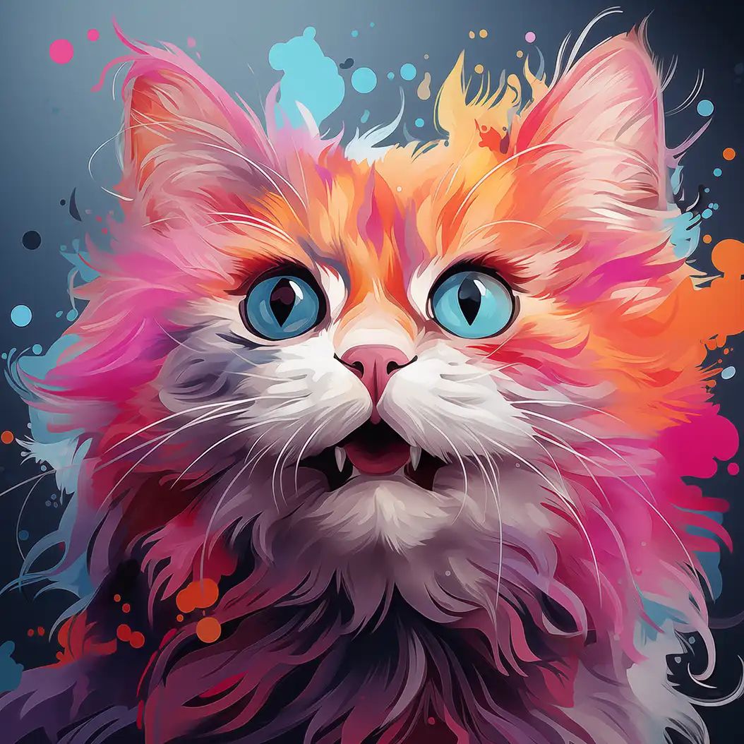 Digital illustration of a fluffy cat with large blue eyes and multicolored pink, orange and purple fur against a dark background with paint splatters.