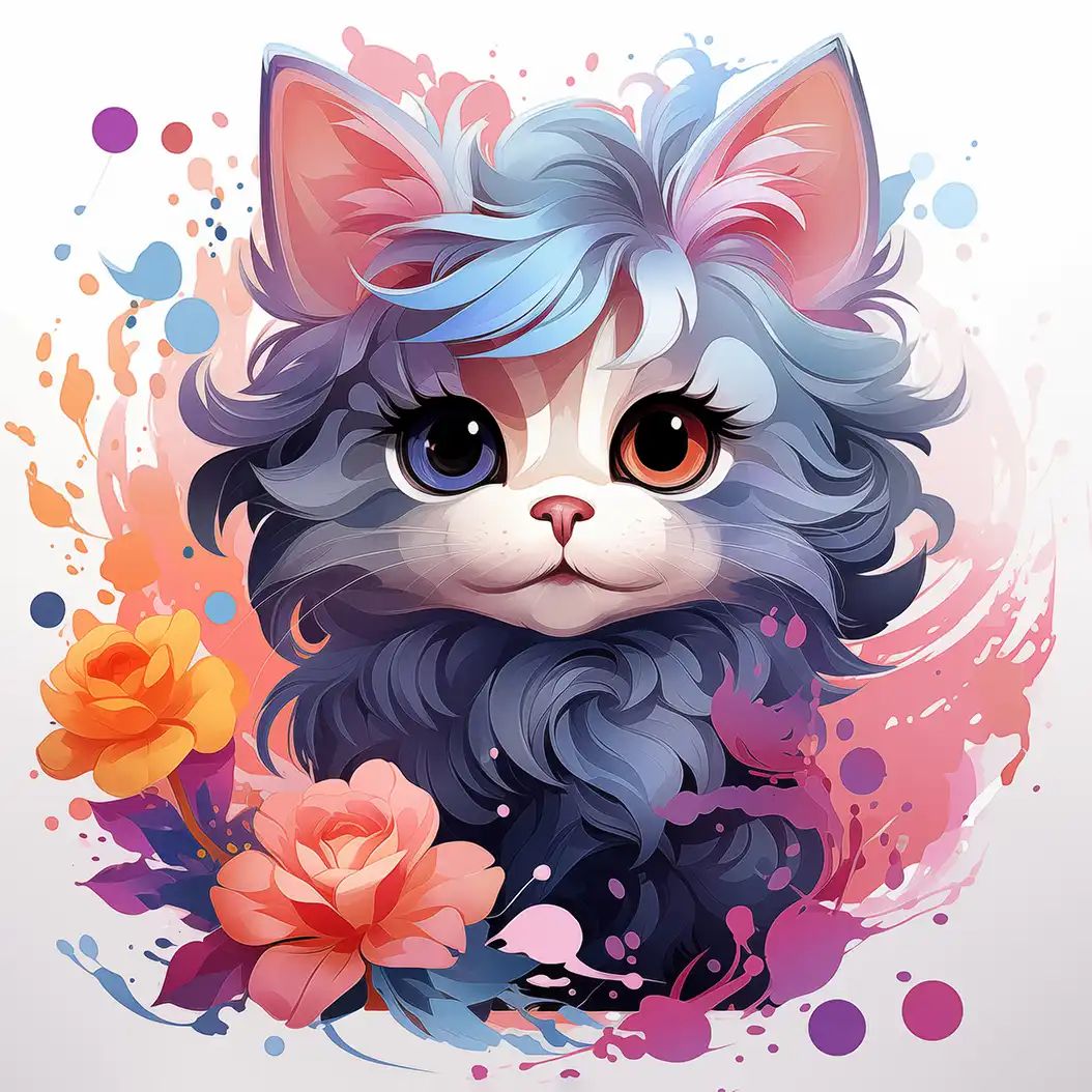 Illustrated fluffy cat with mismatched blue and orange eyes, lilac grey fur, roses, and colorful paint splatters around it.
