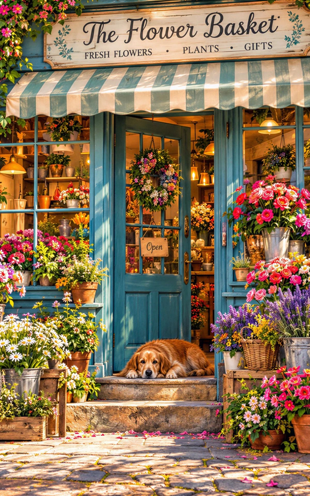 A charming flower shop storefront with a brown dog sitting in the doorway, surrounded by colorful flowers in baskets and pots, a blue bicycle with flowers, and a striped green and cream awning
