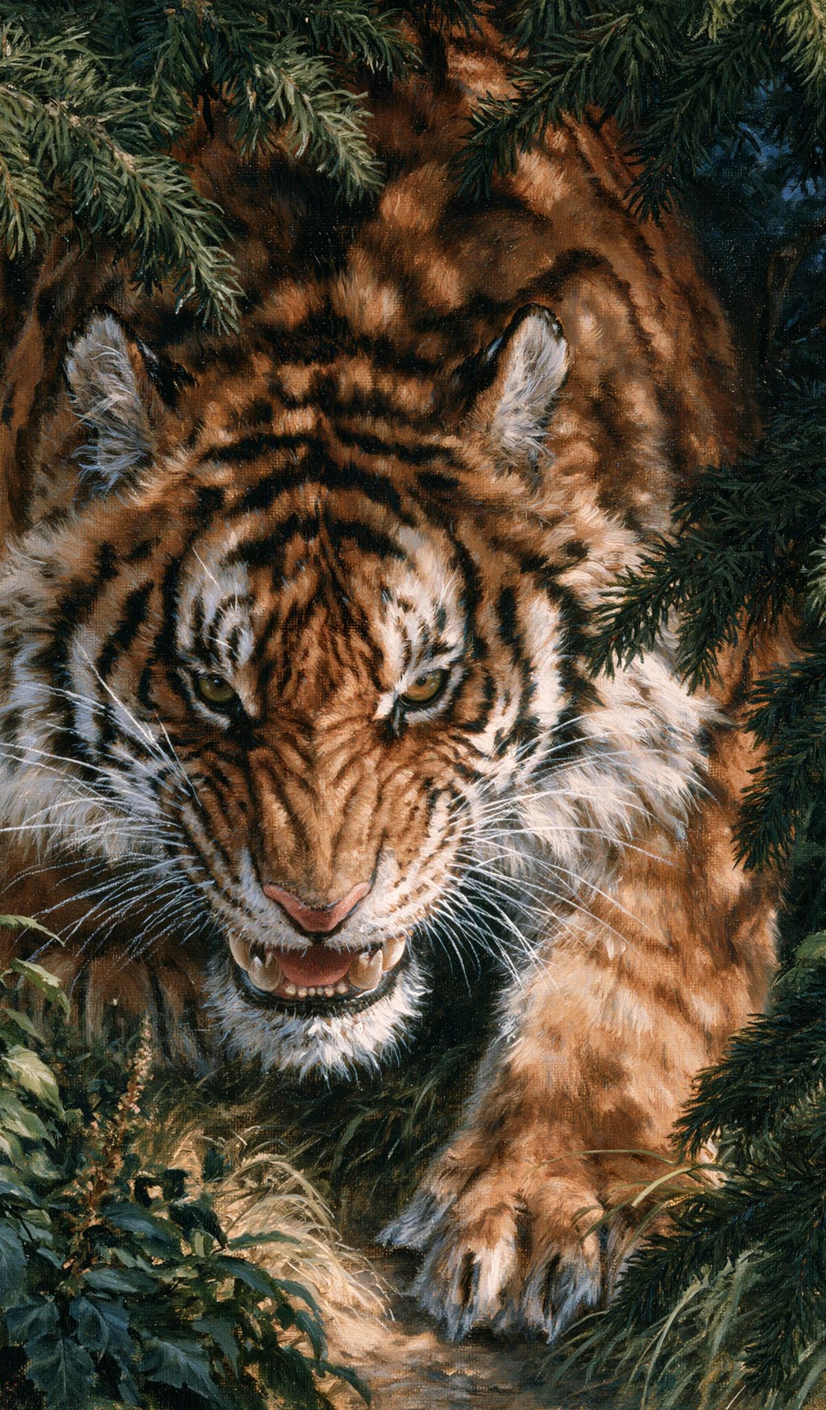 A tiger with bared teeth walking through green trees and foliage, sunlight casting shadows across its face and body