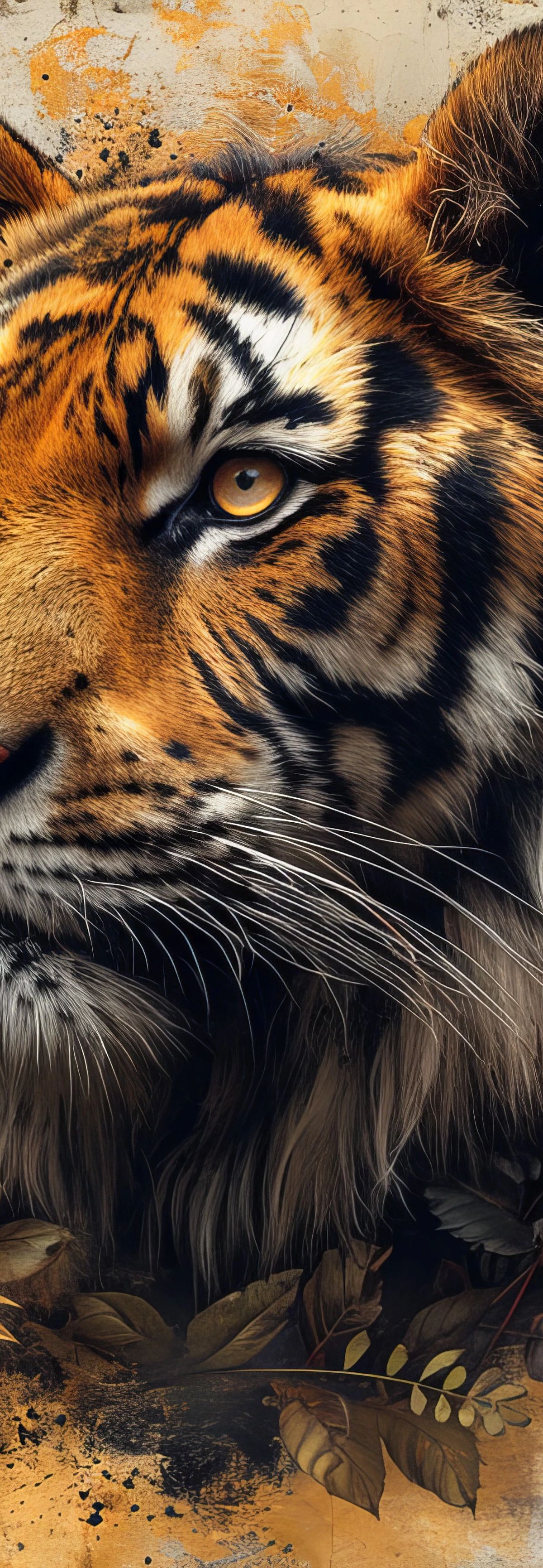 A detailed portrait of a tiger with amber eyes, surrounded by autumn leaves and orange paint splashes on a weathered cream background
