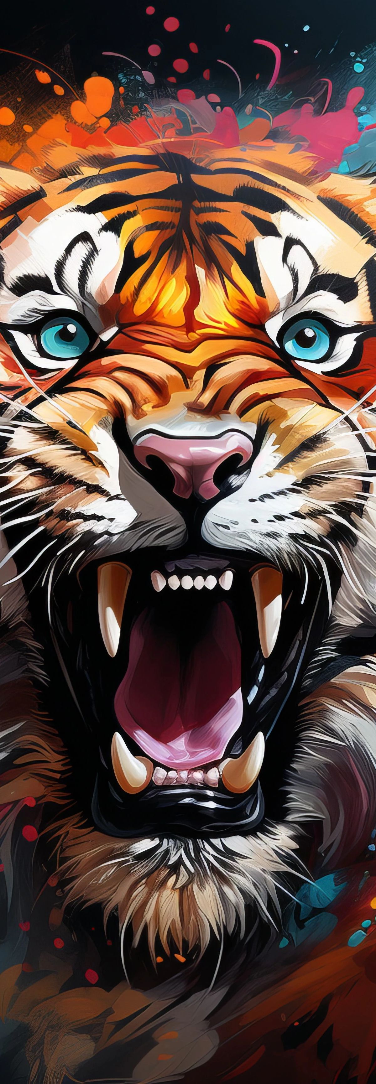 A colorful digital art illustration of a snarling tiger with blue eyes, surrounded by explosive splashes of orange, red, cyan, and magenta paint on a dark background