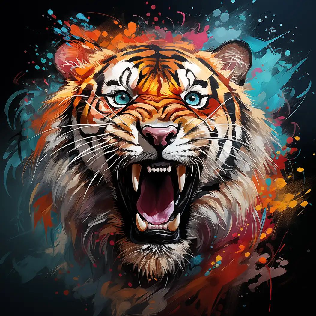 Colorful digital illustration of a roaring tiger's face with bright blue eyes, bared fangs, and splashes of orange, blue, and red paint.