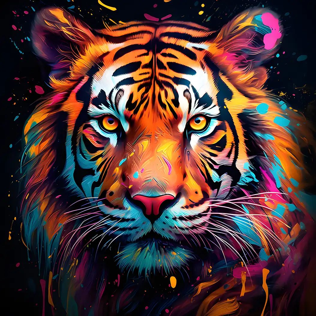Vivid digital illustration of a tiger's face glowing with neon orange, pink, and teal colors against a black background with paint splatters.