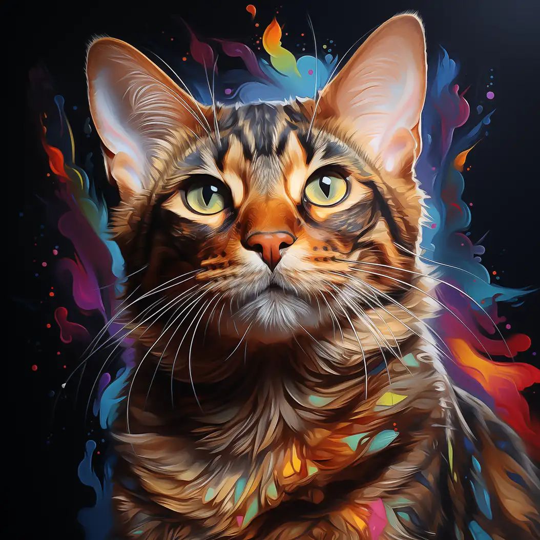 Digital illustration of a striped tabby cat with large green eyes and long whiskers against a dark background with colorful abstract paint splashes.