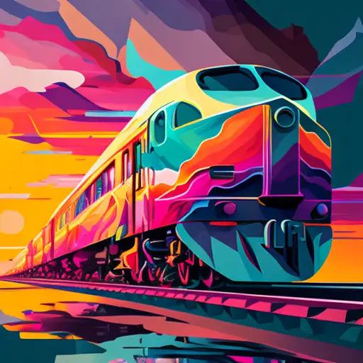 Digital illustration of a colorful locomotive on tracks under a vivid sunset sky with mountains in the background.