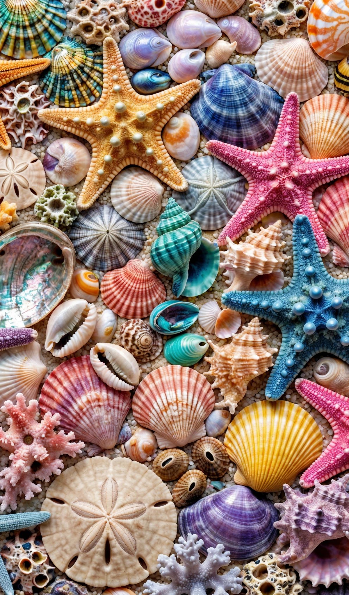 Overhead view of various seashells, starfish, sea urchins, and coral arranged densely together in multiple colors including pink, orange, blue, yellow, and white