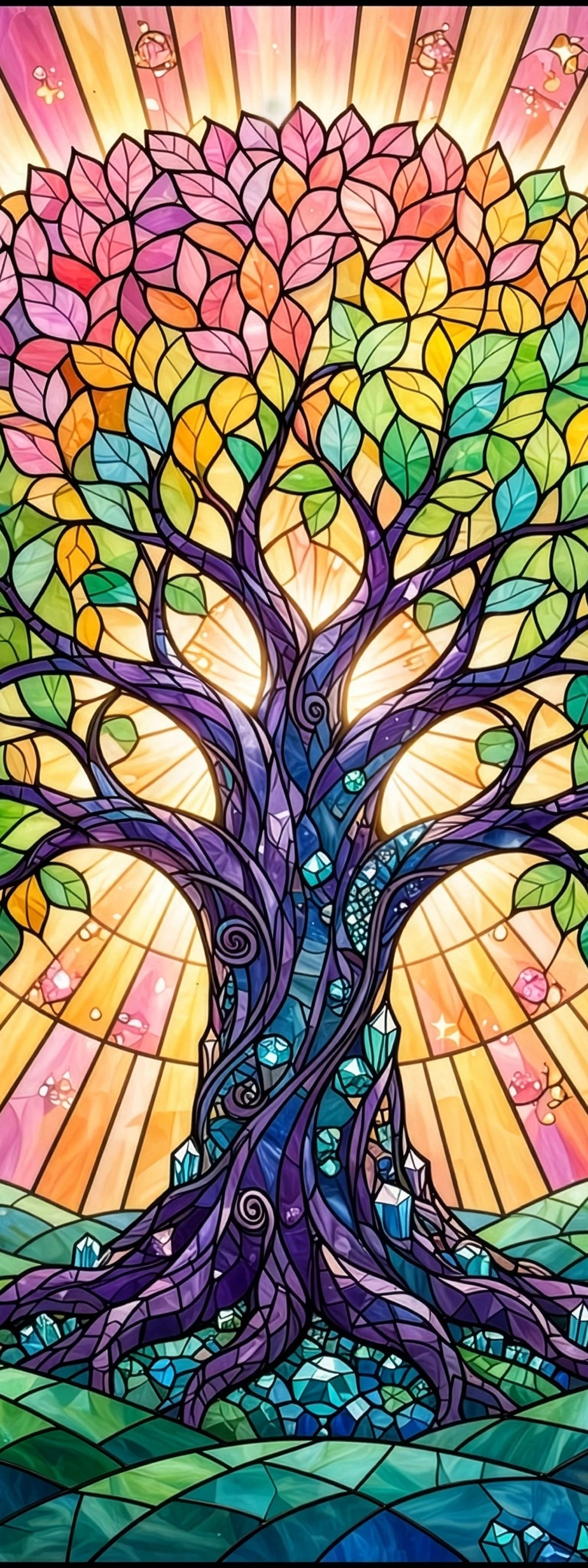Stained glass illustration of a stylized tree with multicolored leaves radiating outward, set against a glowing background of pink, orange, and yellow rays, with crystalline roots and ground details