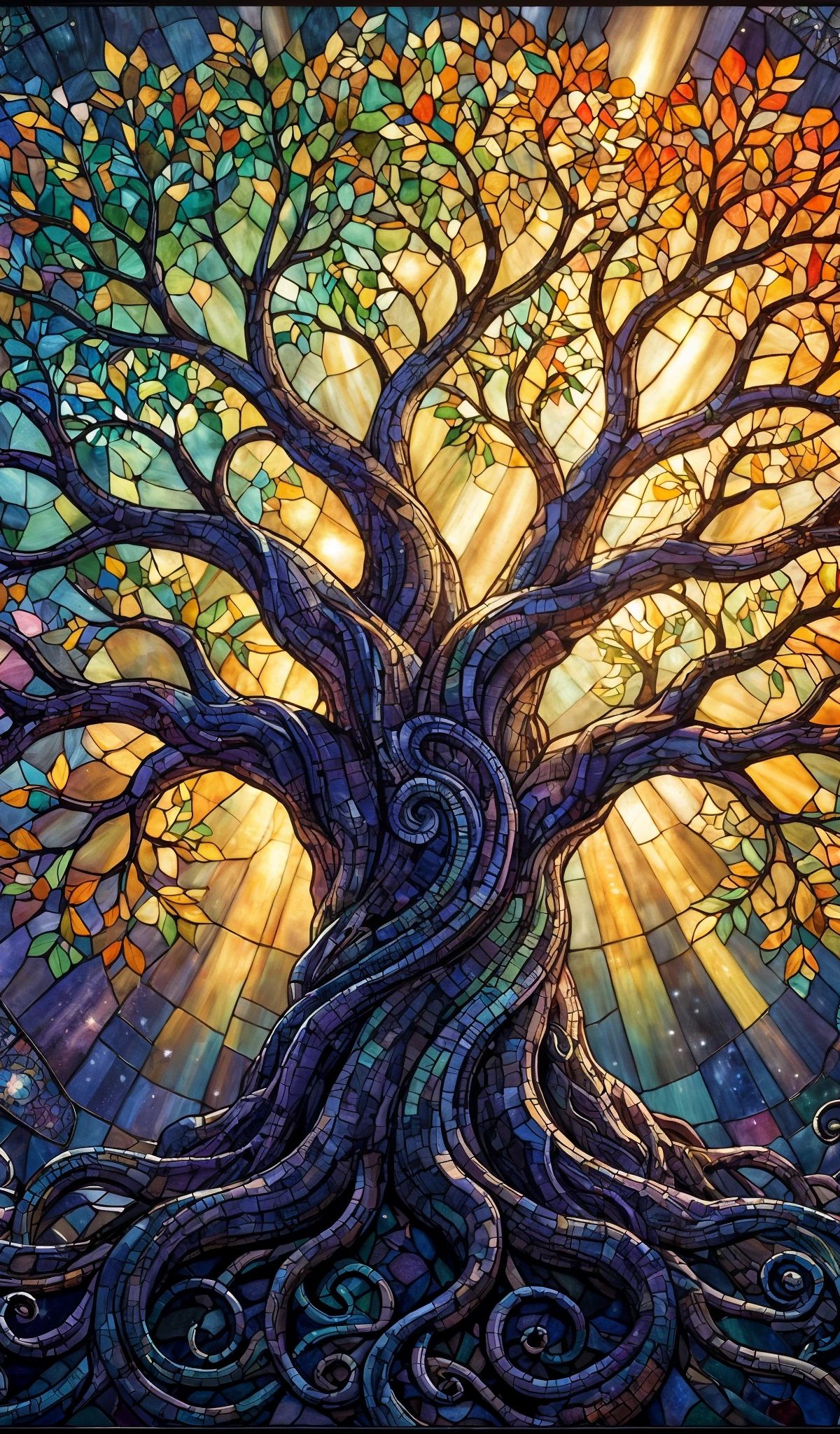 Stained glass artwork depicting a large tree with spreading branches and golden-yellow foliage against a deep blue background with decorative spiral elements at the base