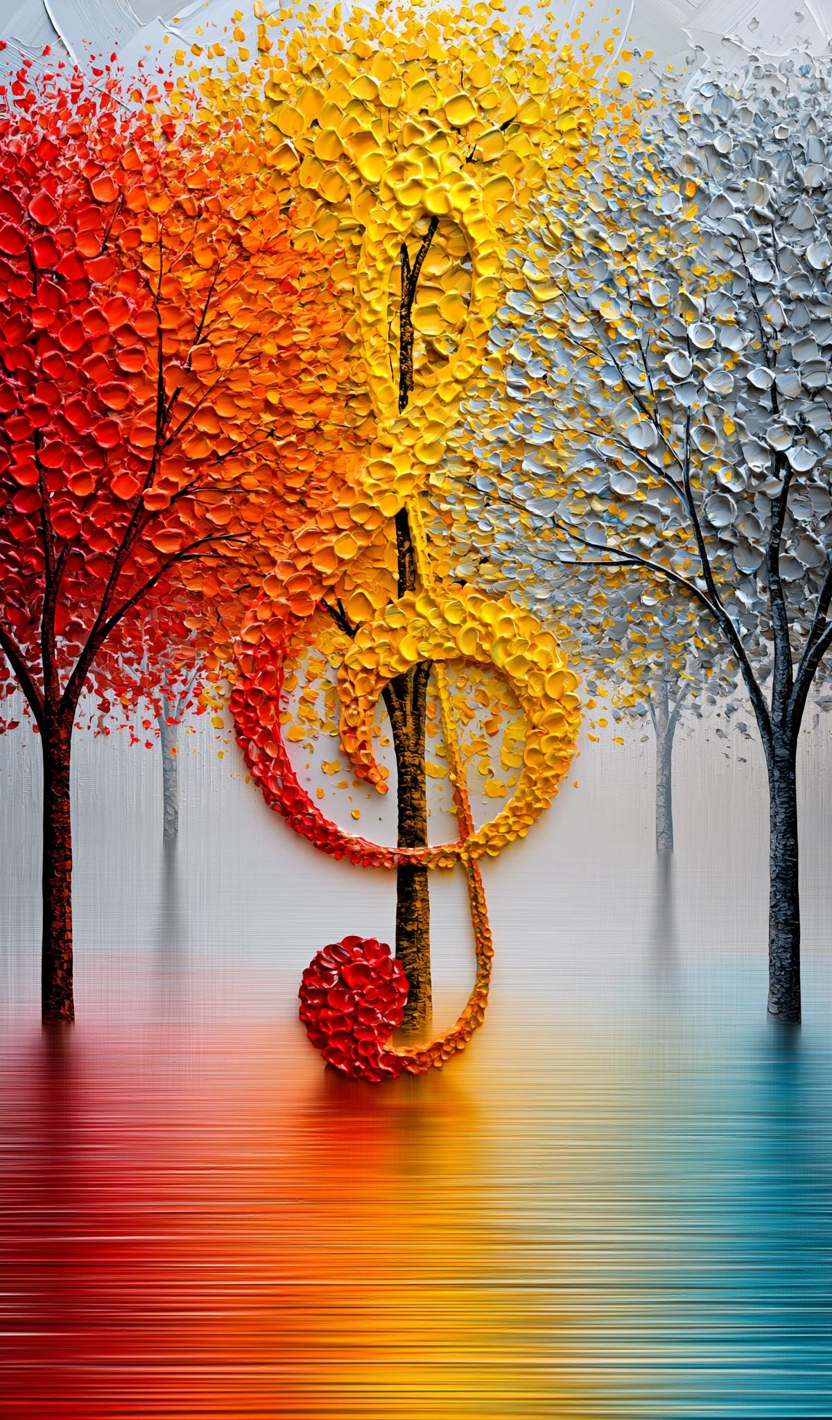 Three stylized trees with textured foliage in autumn red, golden yellow, and silver-gray tones, with a musical note motif in the center, reflected in rippling water below