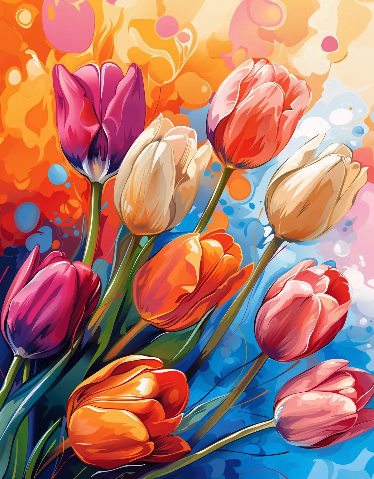 Digital illustration of a bundle of tulips in magenta, cream, orange and pink against a swirling orange and blue abstract background.