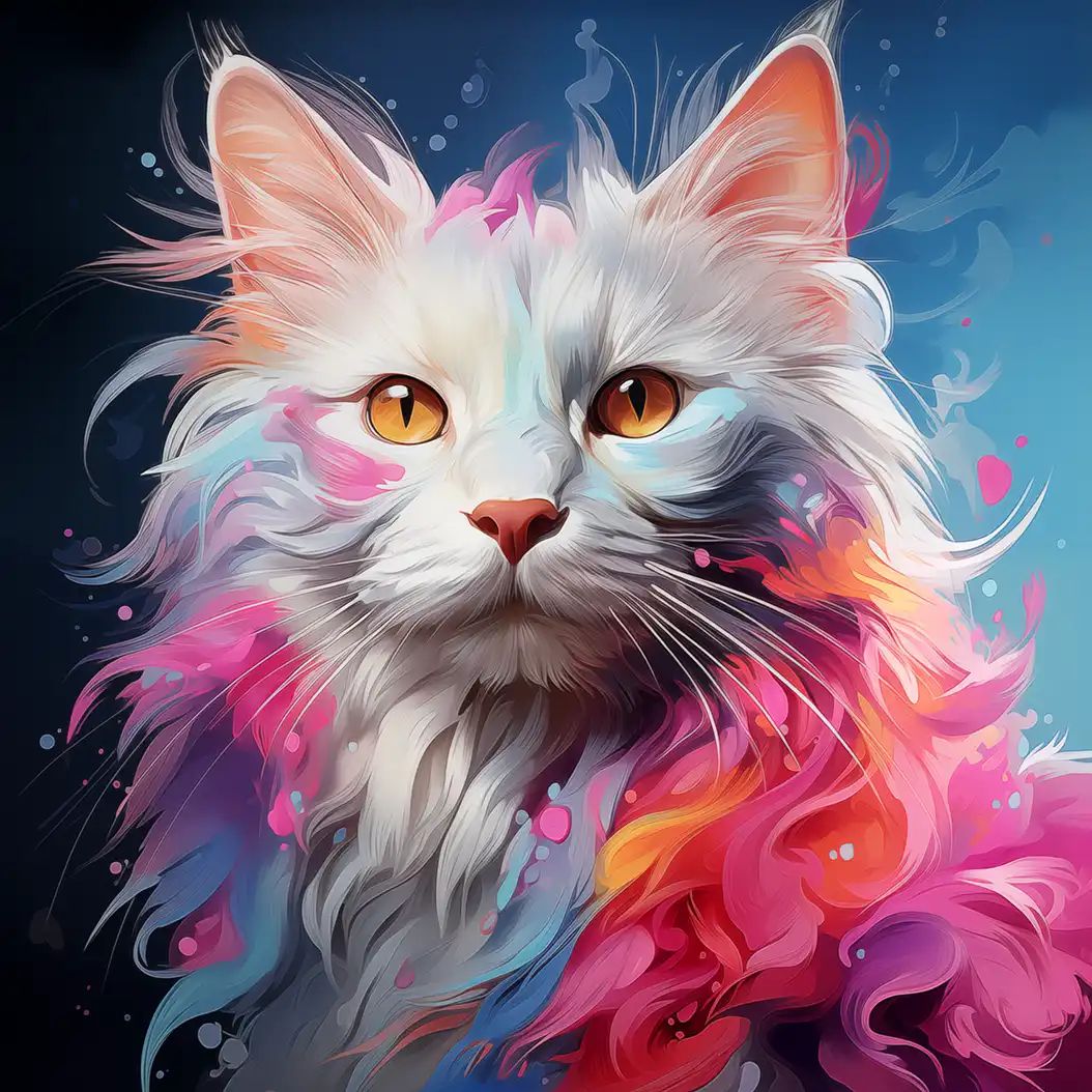 Digital illustration of a white long haired cat with amber eyes, its fur blending into swirling pink, orange, and blue paint-like colors against a dark blue background.