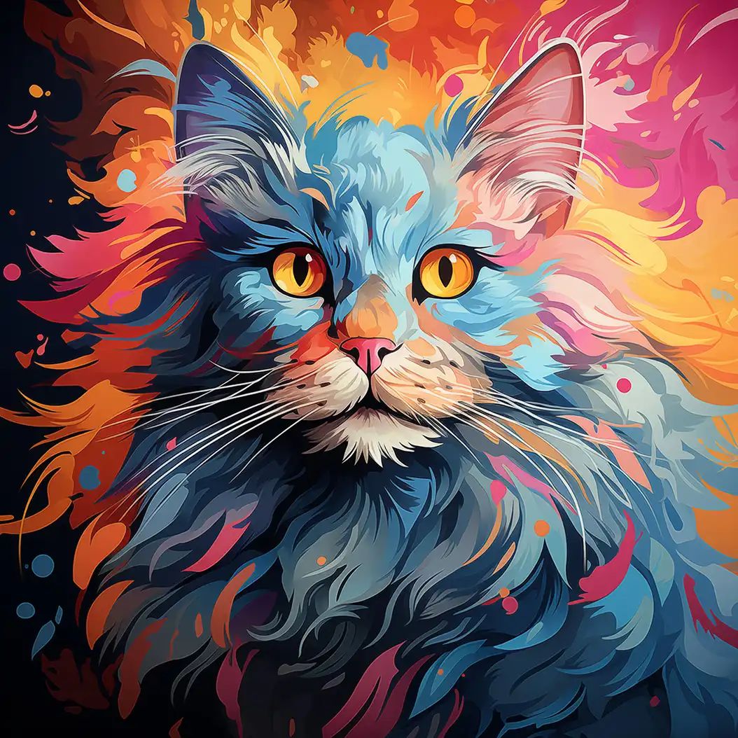 Digital illustration of a long haired cat with yellow eyes, rendered in swirling blue, orange, pink and red brushstroke patterns.