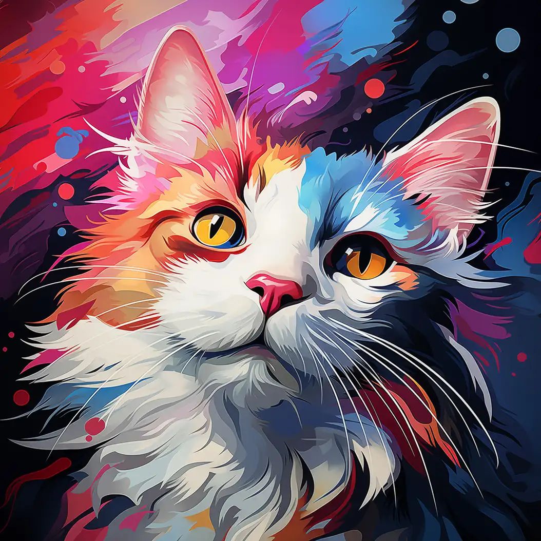 Digital illustration of a long haired cat face split by warm red and cool blue painted tones with large yellow eyes.