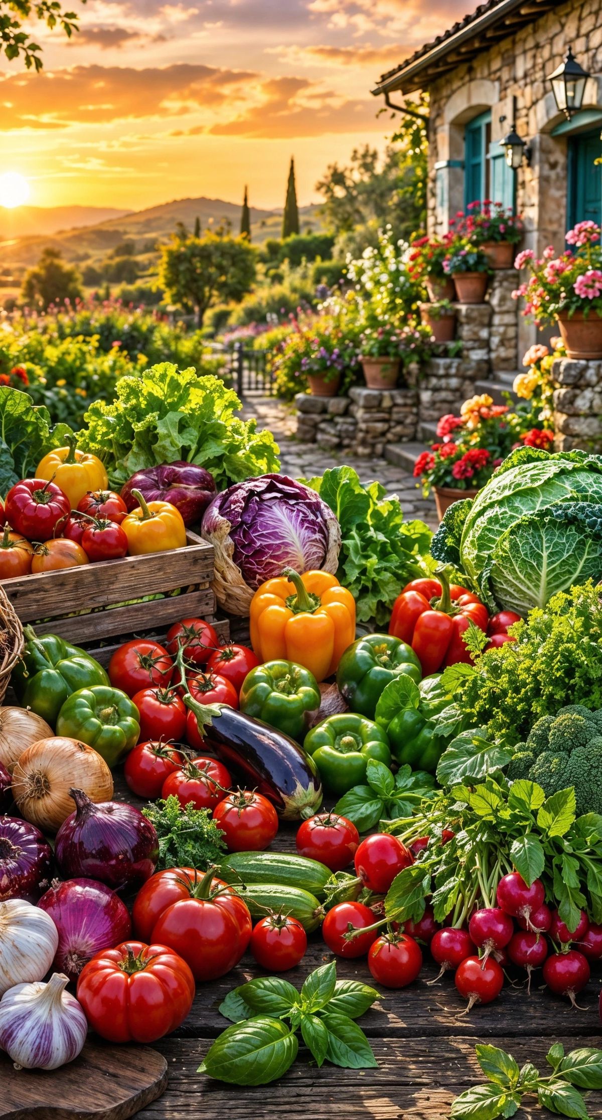 A rustic stone villa with blue shutters surrounded by flowering plants overlooks a valley filled with cypress trees at sunset, with abundant fresh vegetables and herbs arranged in baskets in the foreground.