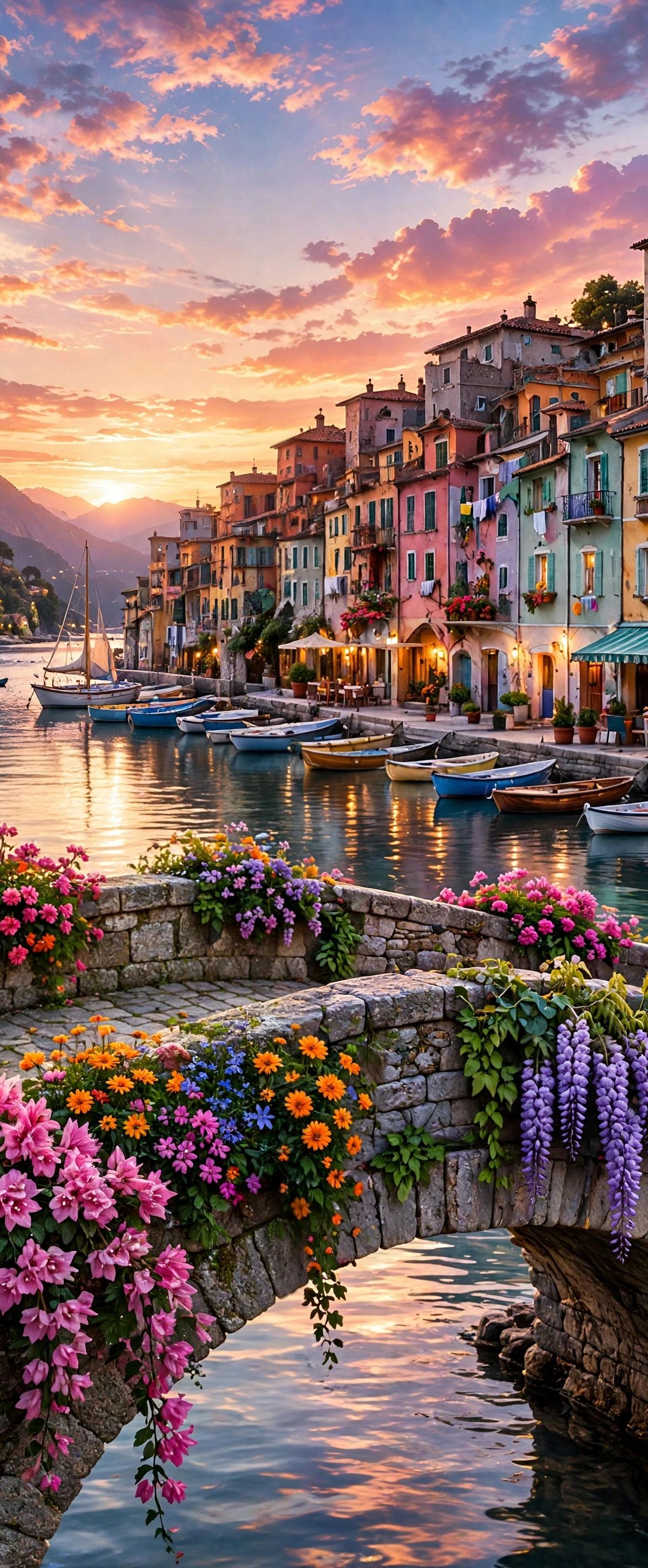 A sunset view of Portofino, Italy with colorful waterfront buildings, moored boats, and cascading pink and purple flowers on a stone bridge in the foreground
