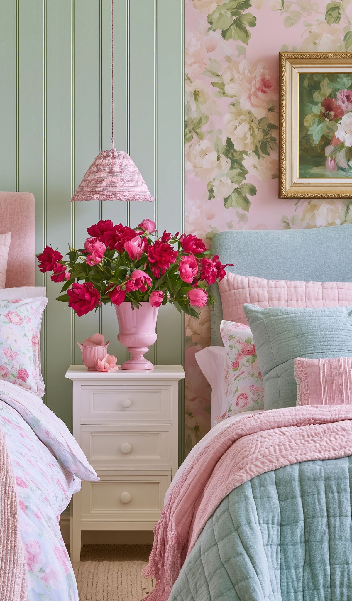A cottage-style bedroom with two twin beds featuring pink and blue quilted bedspreads, floral wallpaper, green shiplap walls, a white nightstand with fresh pink roses in a vase, and a framed floral painting on the wall.