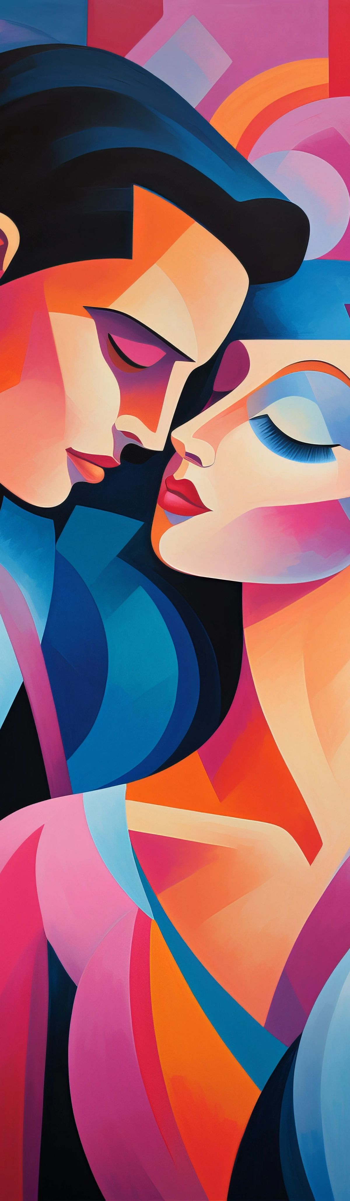 Abstract illustration of two people in profile about to kiss, composed of overlapping geometric shapes in vibrant oranges, blues, pinks, and reds against a dark background