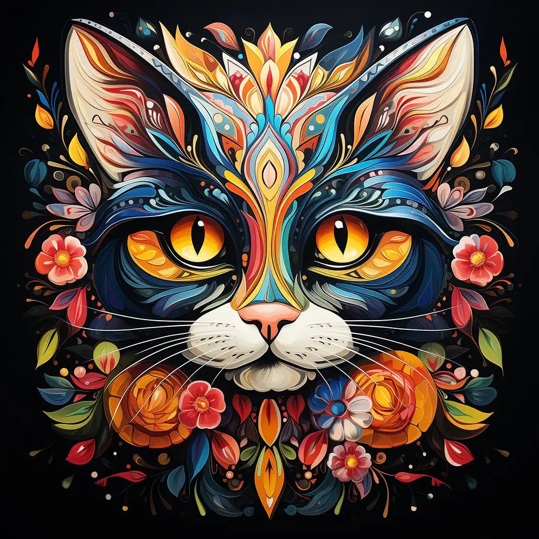 Illustrated close-up of a cat face with large yellow eyes, surrounded by symmetrical floral and swirl patterns in red, blue, orange and gold on a black background.