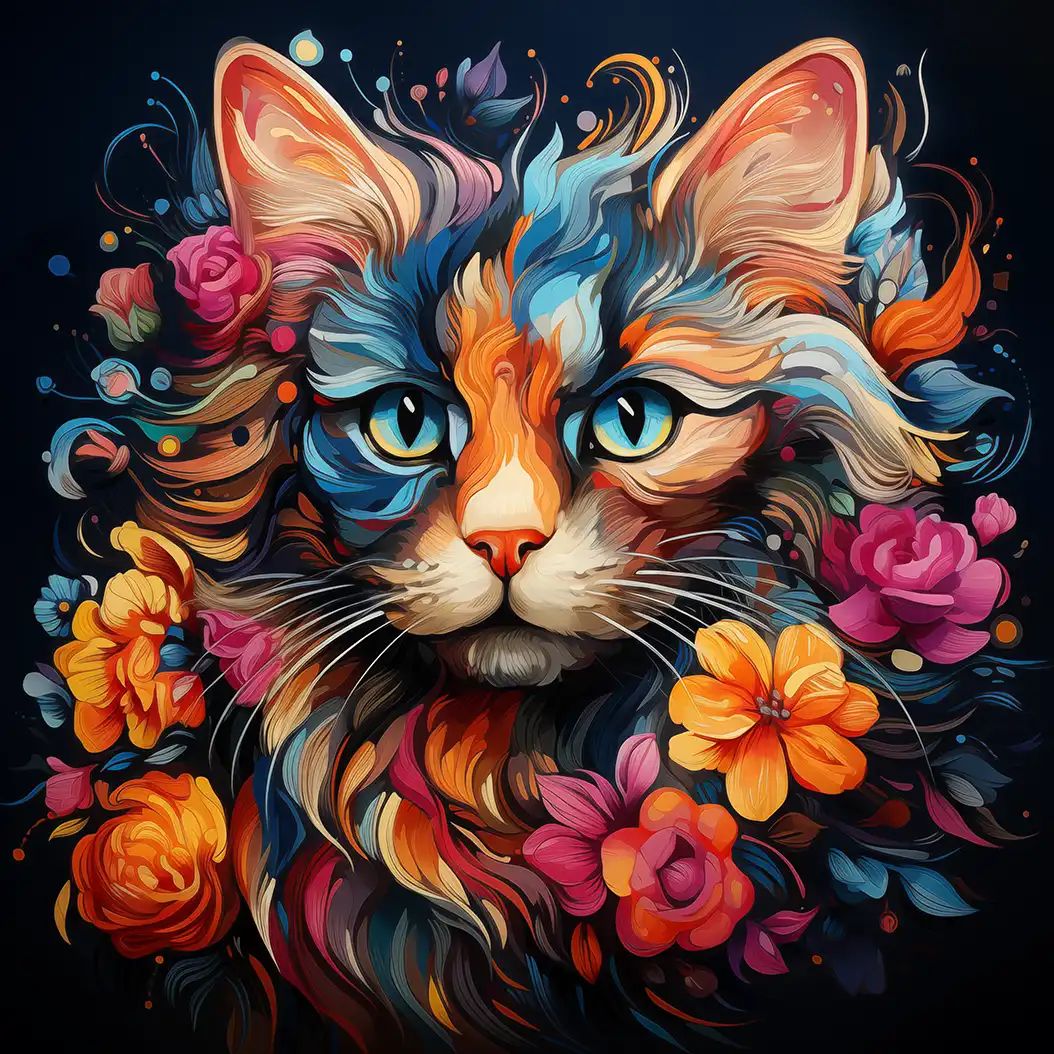 Colorful illustrated cat face with swirling blue, orange and pink fur surrounded by painted flowers on a black background.