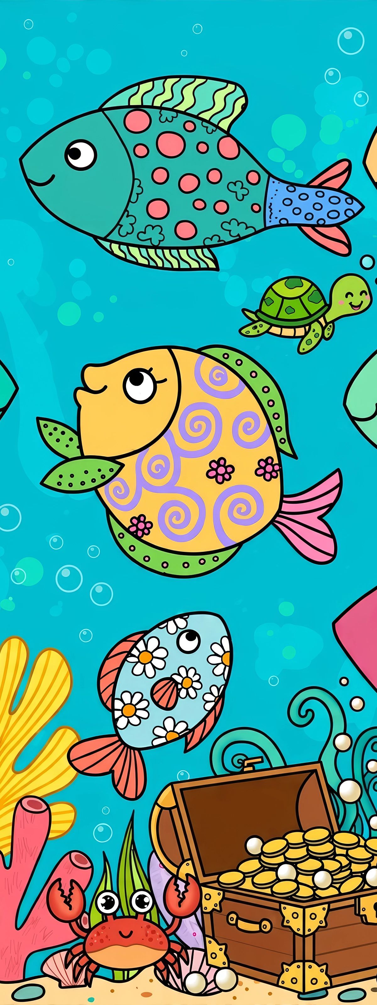 Cartoon illustration of eight patterned fish, a small turtle, and a crab swimming over coral, seaweed, starfish, and an open treasure chest on a turquoise underwater background.