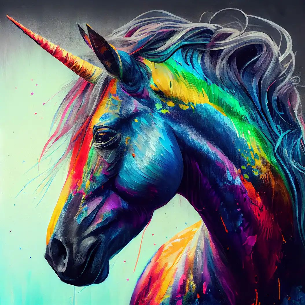Colorful painted profile of a unicorn head with a rainbow-streaked mane and glowing horn against a pale background.